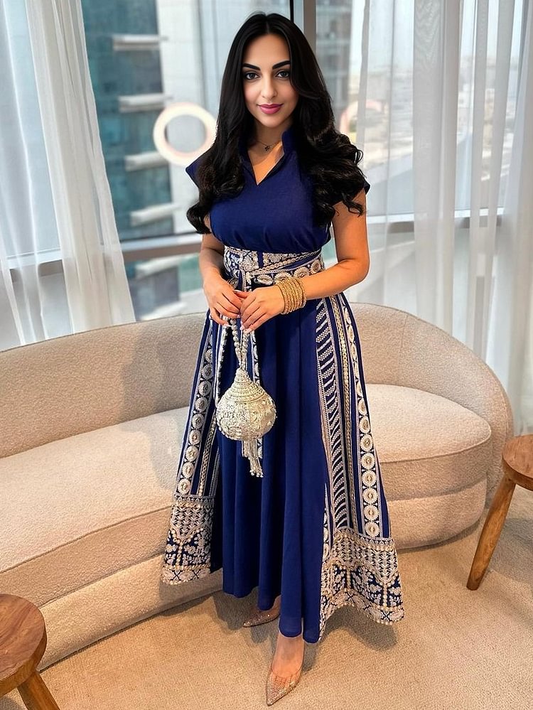 Ethnic Embroidery V Neck Short Sleeve Dress