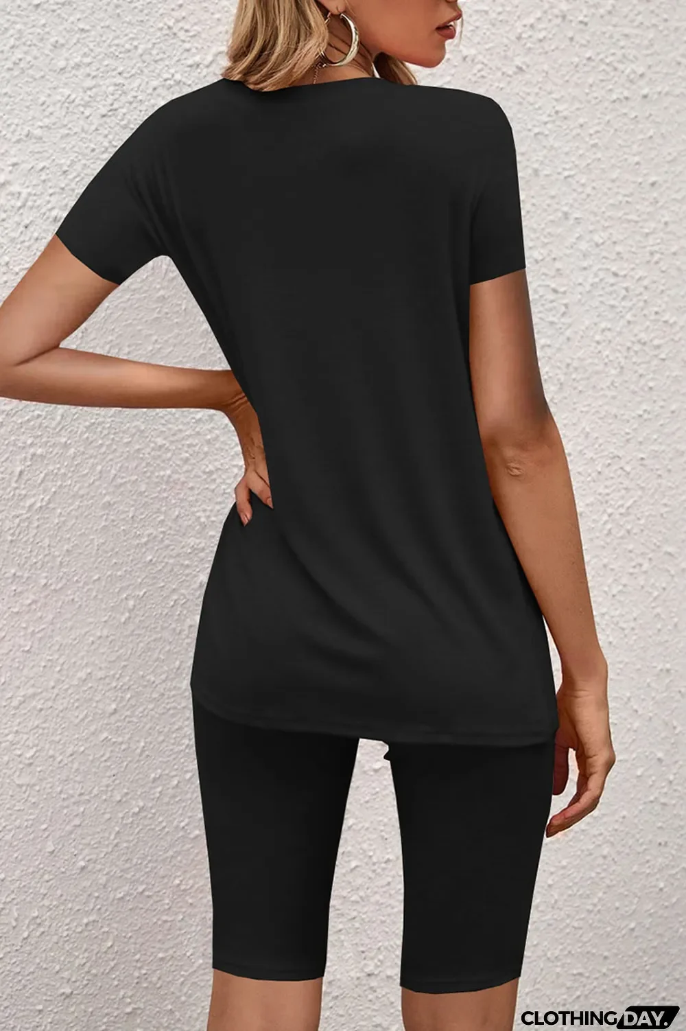 Black Casual Solid O Neck Short Sleeve Two Pieces
