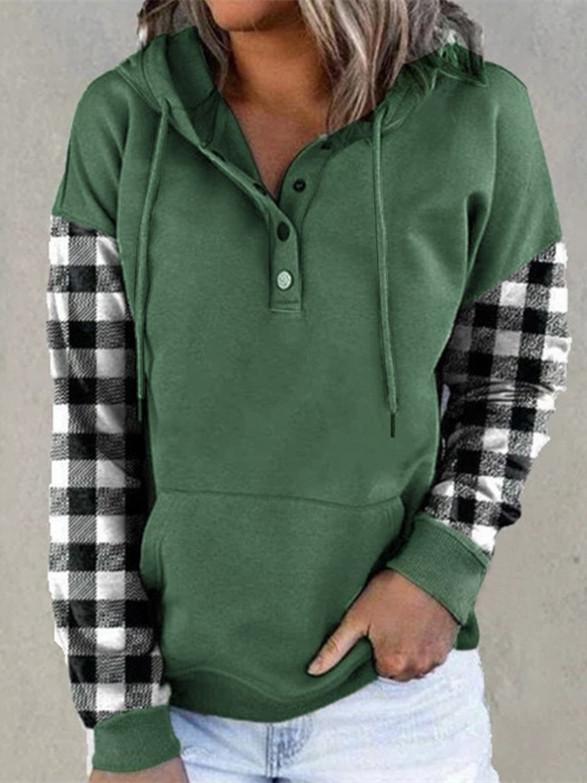 Women Long Sleeve Hooded Plaid Stitching Top