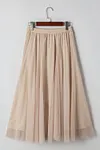 Women's Elegant Apricot Tulle Mesh Overlay Flared Midi Skirt