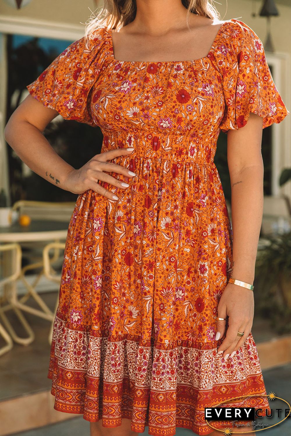 Orange Square Neck Puff Sleeves Flowy Floral Dress