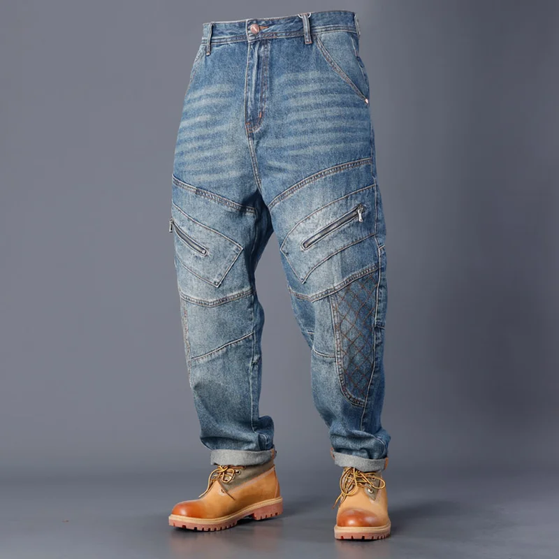 Loose Washed Denim Multi-Pocket Splicing Cargo Pants