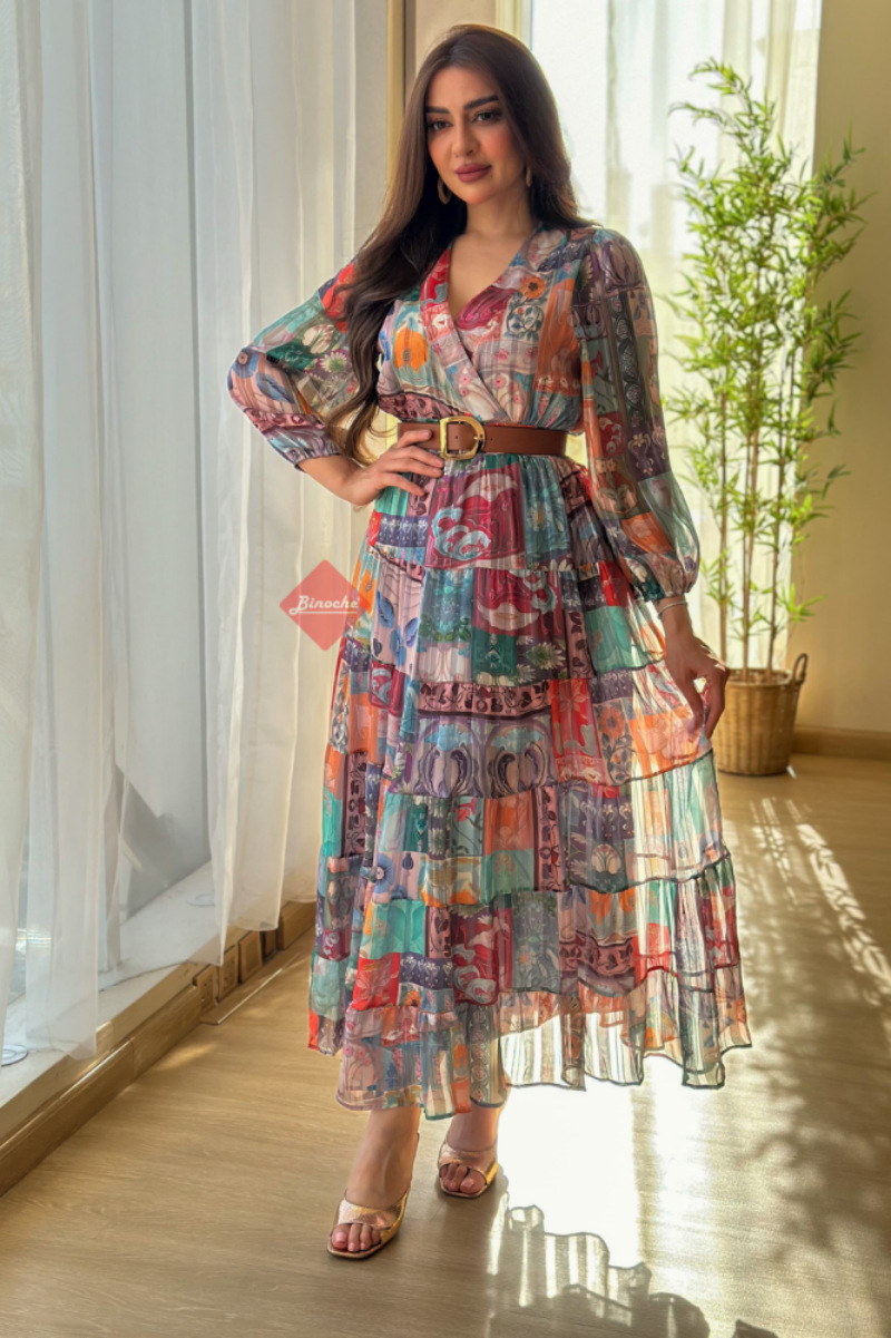 Women Boho Floral Print Wrap V Neck Long Sleeve Tiered Maxi Dress