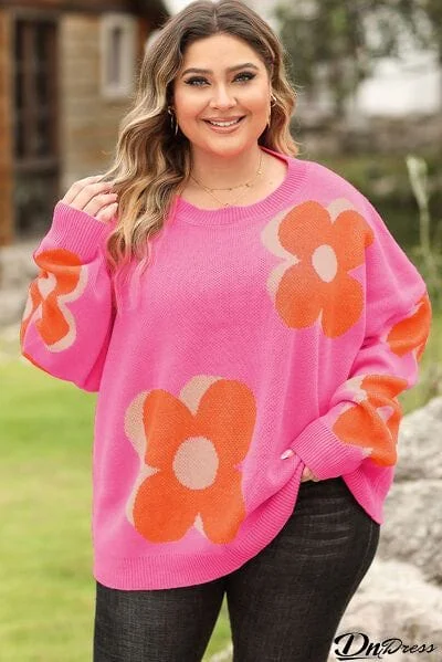 Plus Size Flower Graphic Round Neck Dropped Shoulder Sweater