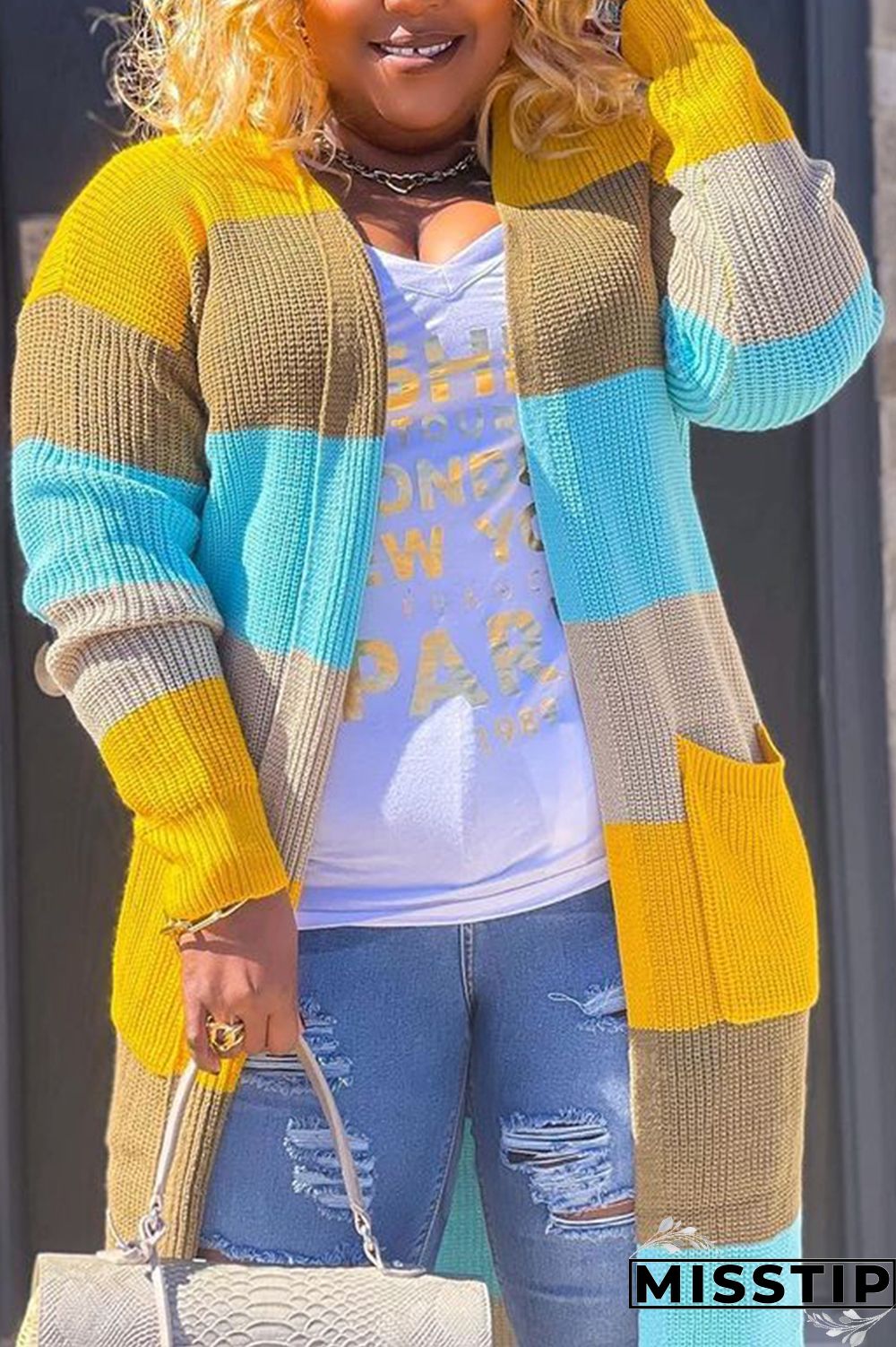 Blue Plus Size Daily Striped Cardigan