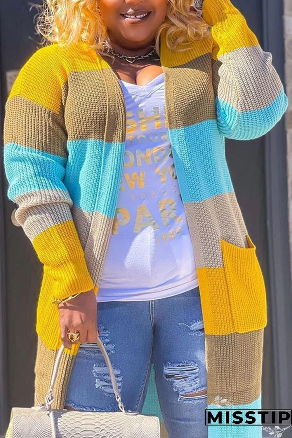 Blue Plus Size Daily Striped Cardigan