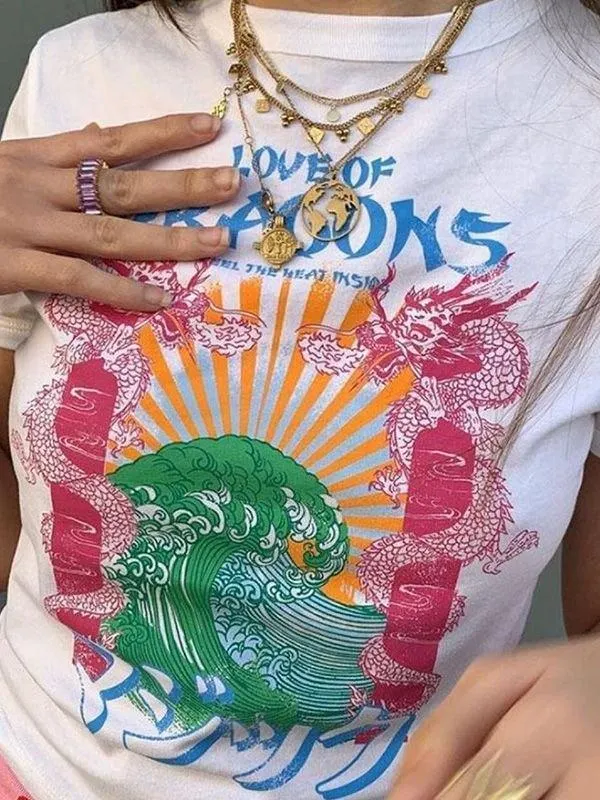 Brownm Dragon Print Crop Top