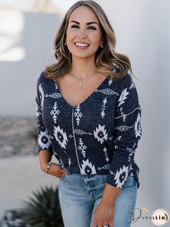 Printed Slim V-Neck Buttoned Long Sleeve Blouse