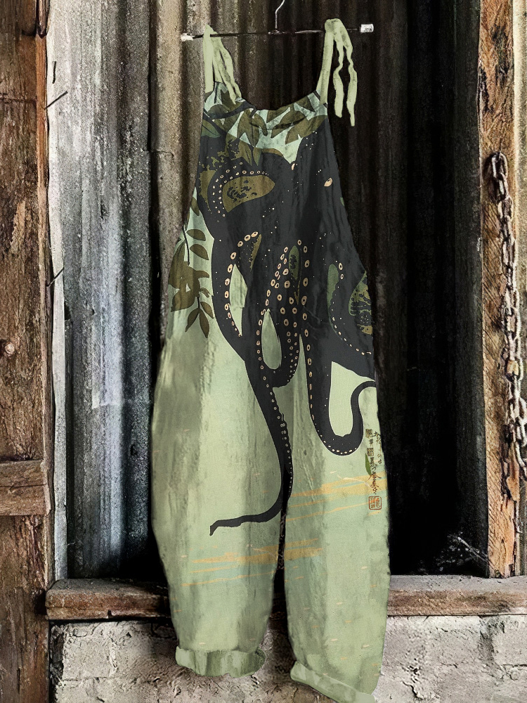 Comstylish Japanese Art Vintage Octopus On The Tree Graphic Painting Art Loose Jumpsuit