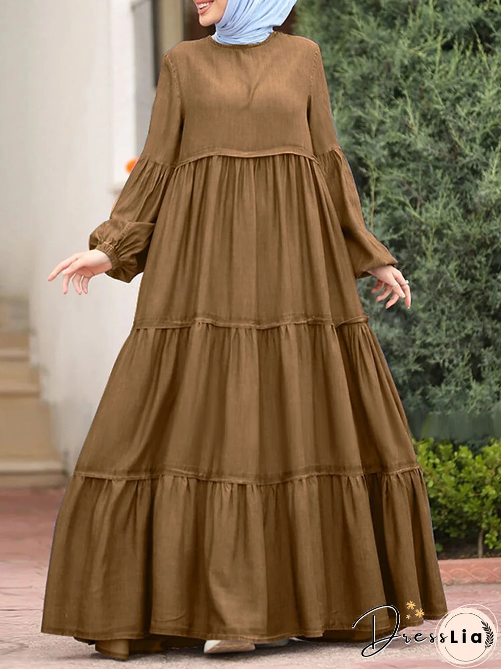 Muslim Solid Color Long Shirt Sundress Casual Pleated Maxi Dress