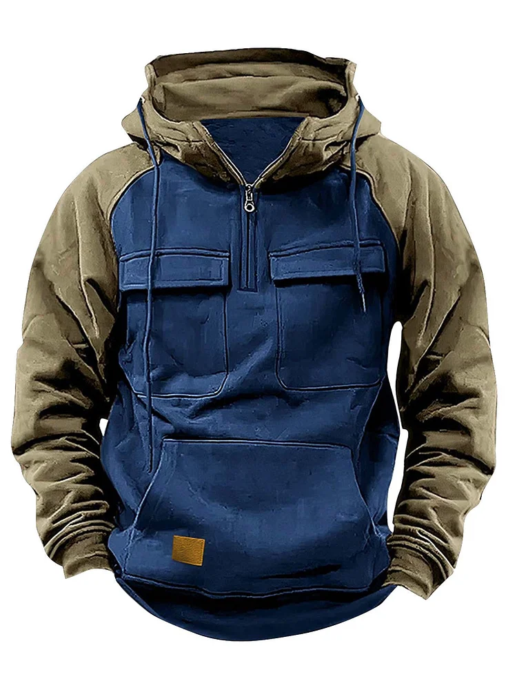 Men's Casual Outdoor Comfortable Color Block Pullover Long Sleeve Hooded Sweatshirt