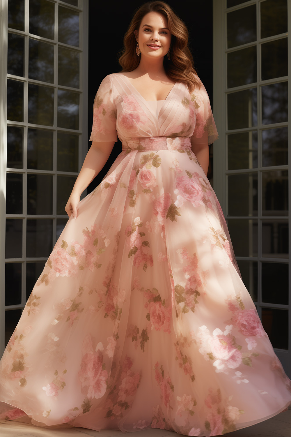 Flycurvy Plus Size Wedding Guest Pink Organza Floral Print Deep V Neck Maxi Dress 2024 - Flycurvy 
