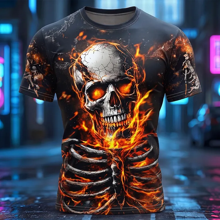 Men's Vintage Halloween Skull Print Crew Neck Short Sleeve T-shirt