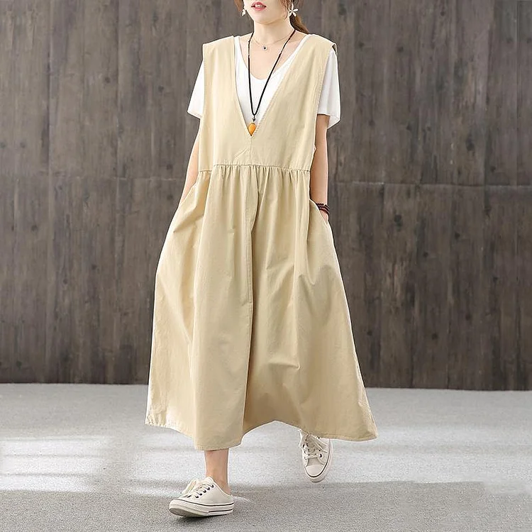 100% khaki  quilting clothes v neck sleeveless Traveling fall Dresses