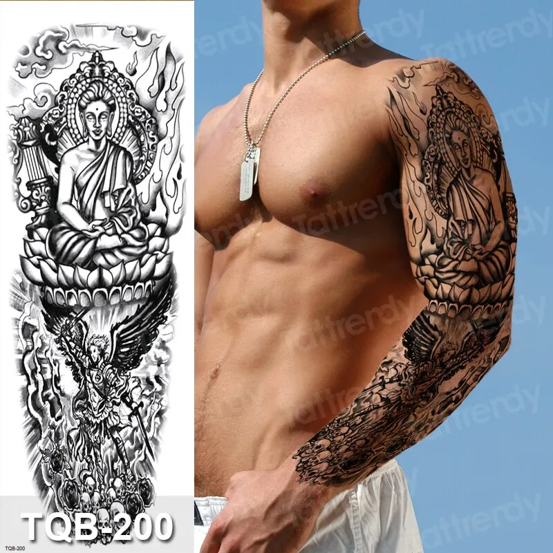 temporary tatoo men large waterproof temporary arm sleeve tattoo black robot mechanical tattoos tribal lion head king fox design