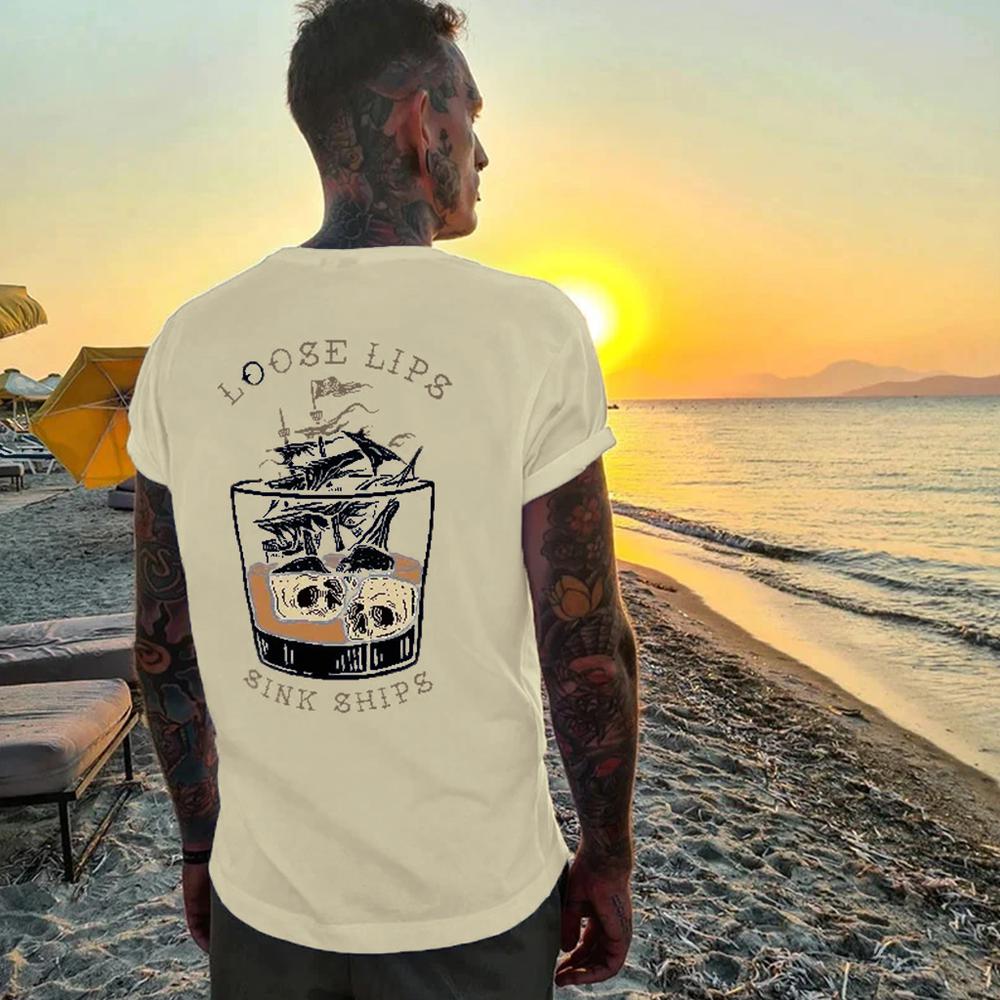 LOOSE LIPS SINK SHIPS Skulls Ship in the Water Graphic White Print T-shirt