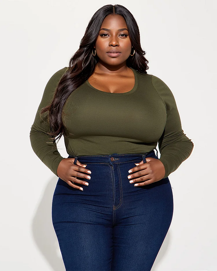 Women's Plus Size Simple Round-Neck Tight Long Sleeve T-Shirt