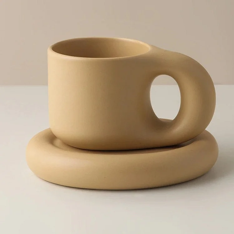 Handmade Ceramic Chubby Coffee Tea Mug With Saucer - Teacup and Saucer Set