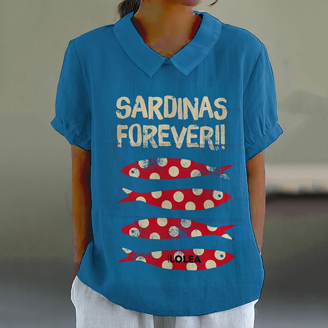 Retro Sardinas Forever Fish Art Pattern Printed Casual Women's  Cotton Linen Shirt