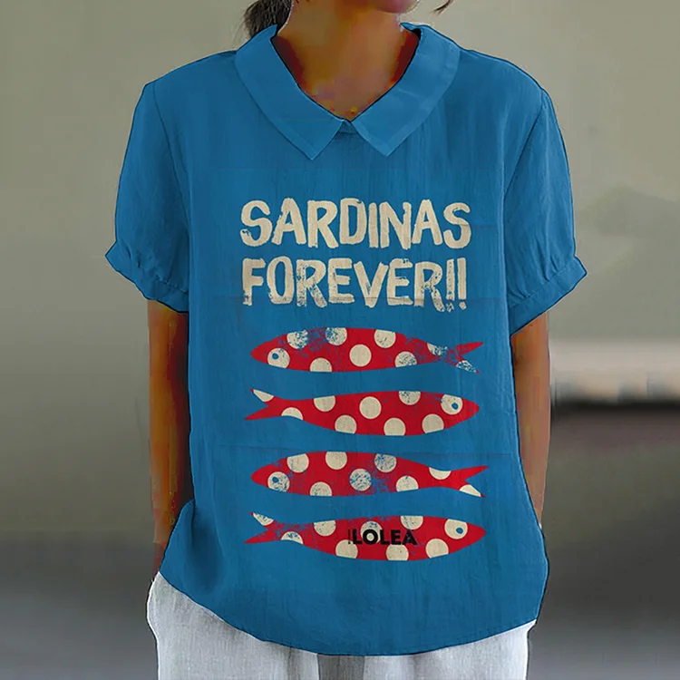 Retro Sardinas Forever Fish Art Pattern Printed Casual Women's  Cotton Linen Shirt