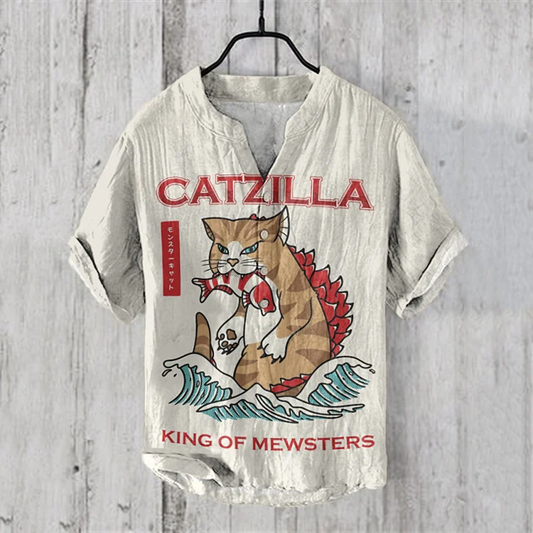 Abstract Creative Catzilla King Of Mewsters Pattern Print Linen Blend Shirt