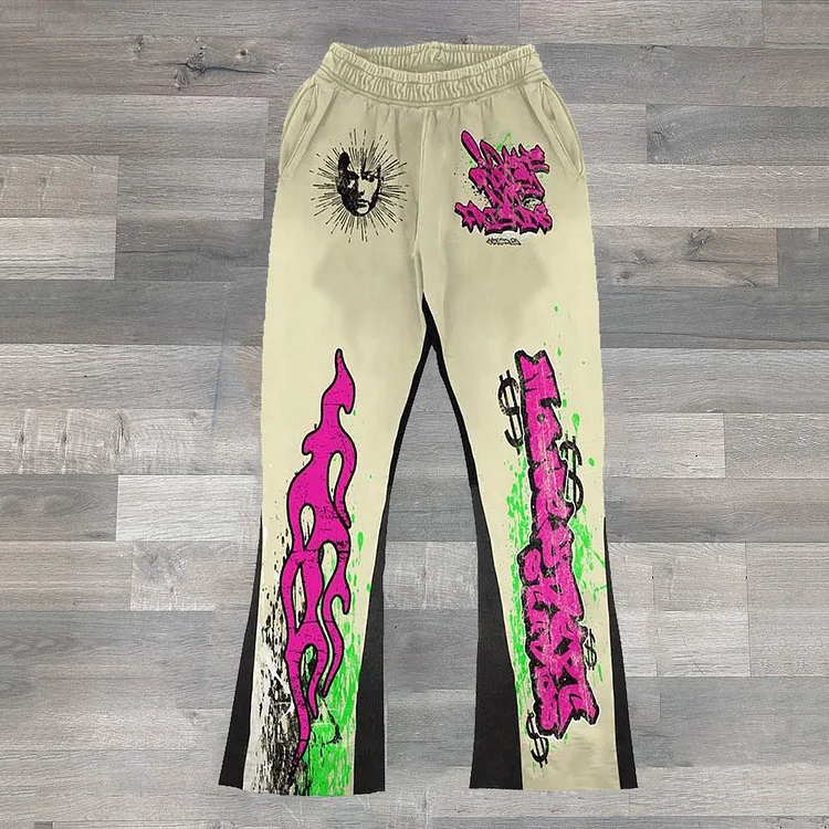 Stylish Street Vintage Records Flame Print Flared Sweats Trousers