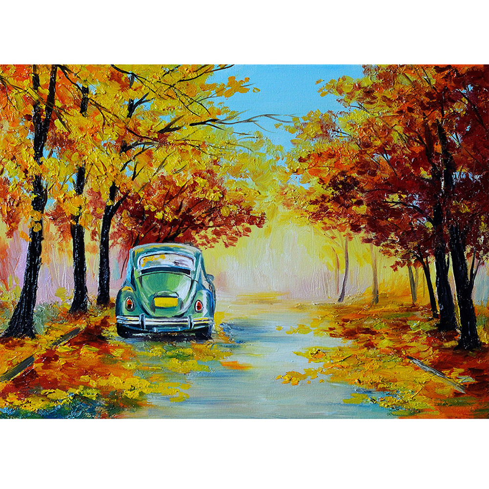 

40*30CM - Round Drill Diamond Painting - Car Under Maple Forest, 501 Original