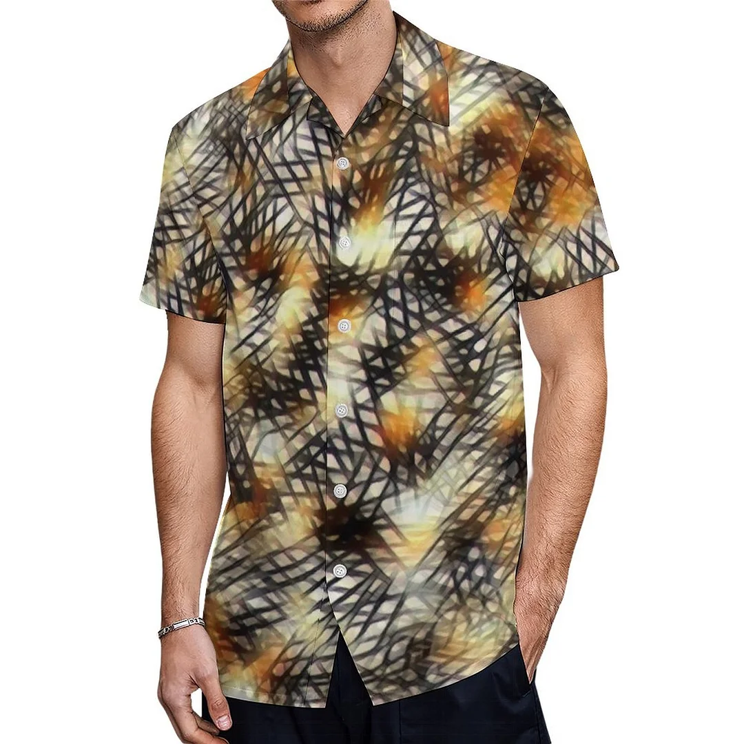 Short Sleeve Black Gold Crisscross Camo Hawaiian Shirt Mens Button Down Plus Size Tropical Hawaii Beach Shirts