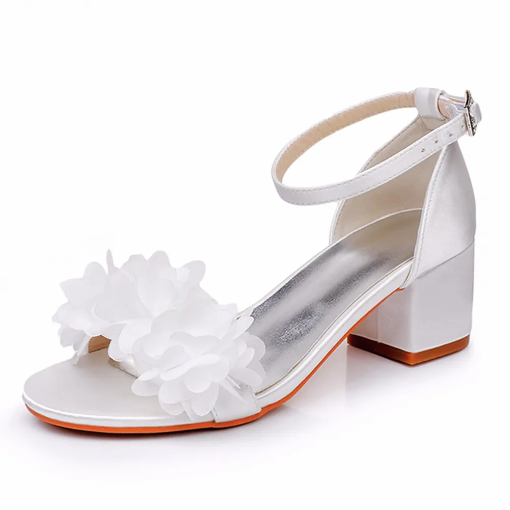 Breakj Breakj Cm Square Heel Sandals Light Mouth A Word With Coarse Heel Sandals White Flowers Color Lactin Ribbon Bridal Wedding Sandals