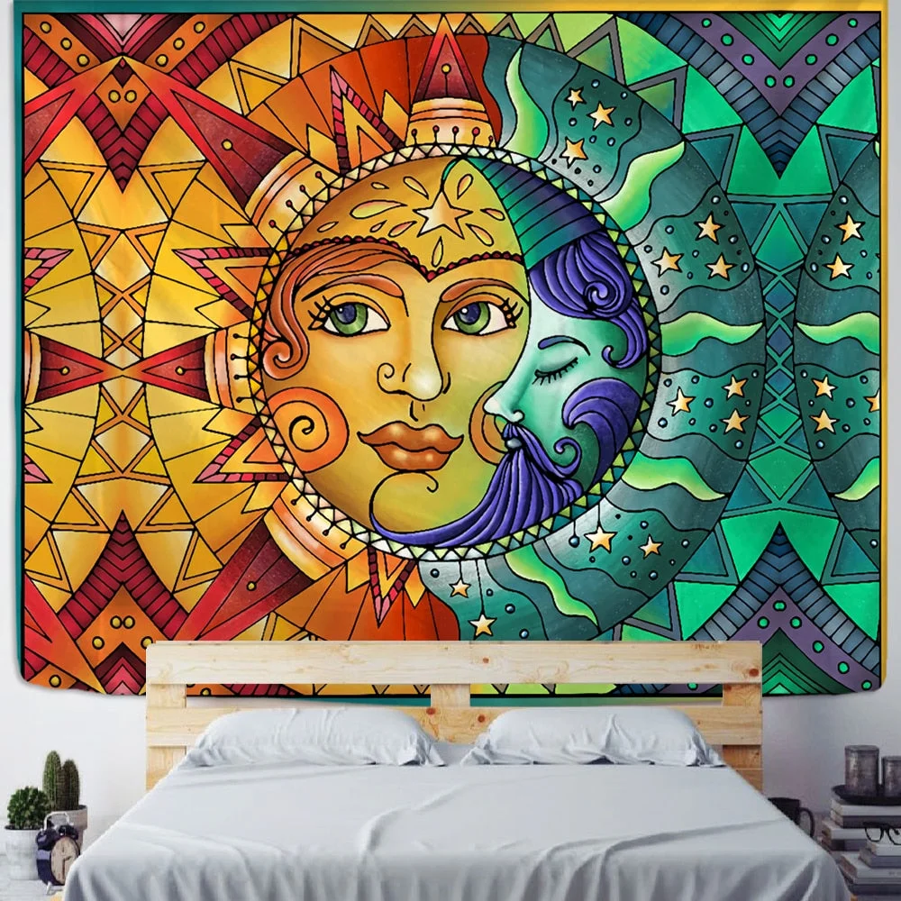 Psychedelic Colorful Sun And Moon Tarot Tapestry Wall Hanging Witchcraft Hippie Abstract Bedroom Home Decor