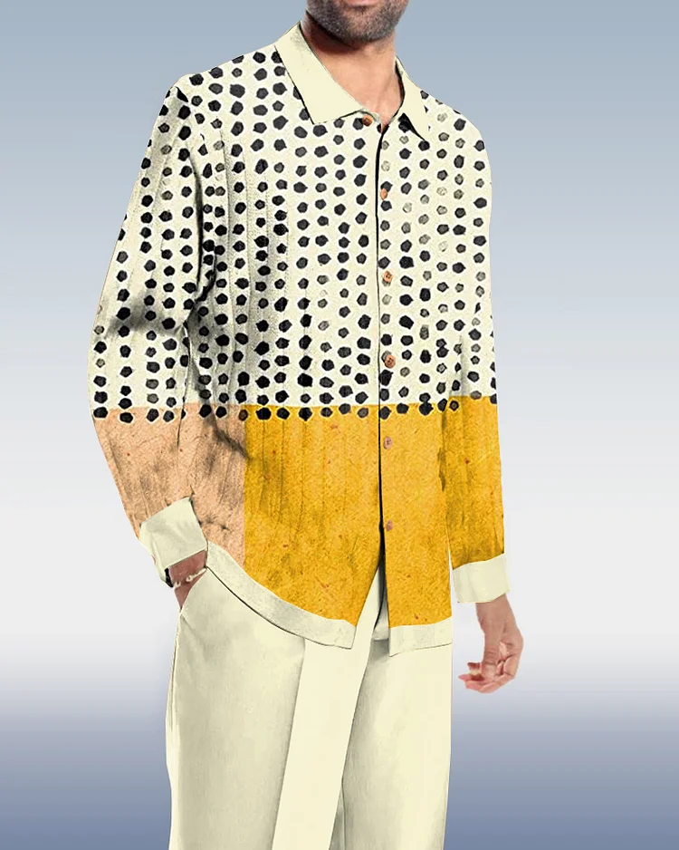 Men's Casual Yellow And White Block Splicing Walking Suit Long Sleeve Set