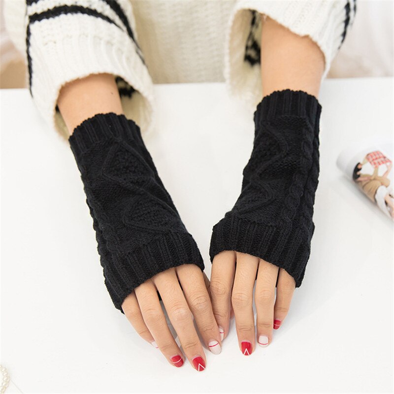 Woman Fingerless Cotton Warm Knitted Gloves Half-Finger Cover Ladies Soft Mittens