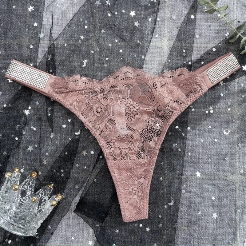 Letter Rhinestone Sexy Underwear Hip Lifting Panties Thong Low Waist Temptation Tanga Female Transparent Lace G-String Lingerie