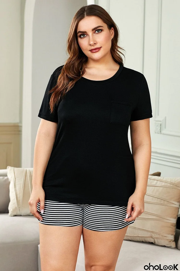 Plus Size Solid T-shirt and Striped Shorts Lounging Set