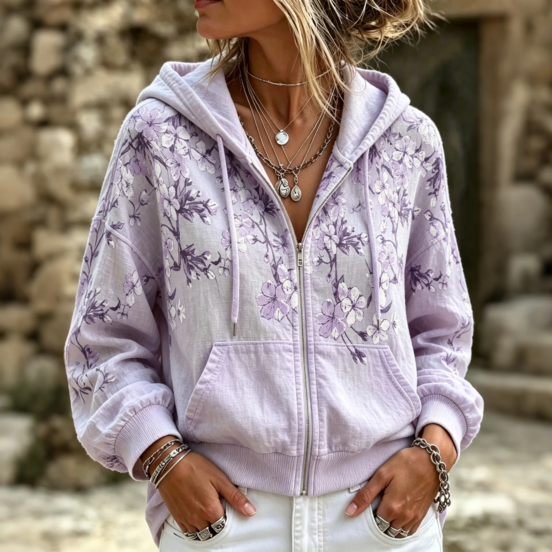 Comstylish Women's Retro Floral Design Zip-up Hoodie