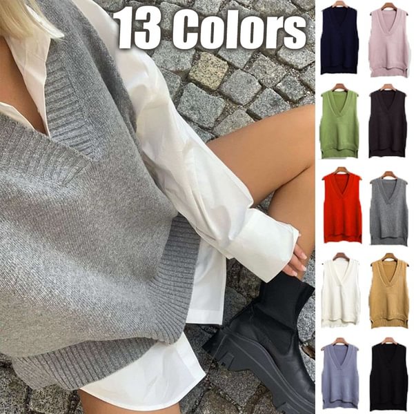 (no Shirt Only Sweater Vest)New 13 Colors Women's V-neck Knitted Sweater Fashion Vest Autumn Winter Loose Waistcoat Wild Sleeveless Sweater Vest Weste Warm Top Pullover - Shop Trendy Women's Fashion | TeeYours