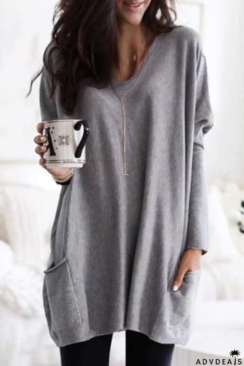 Pockets Long Sleeve Loose T Shirt