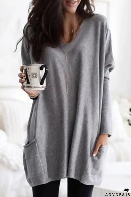 Pockets Long Sleeve Loose T Shirt