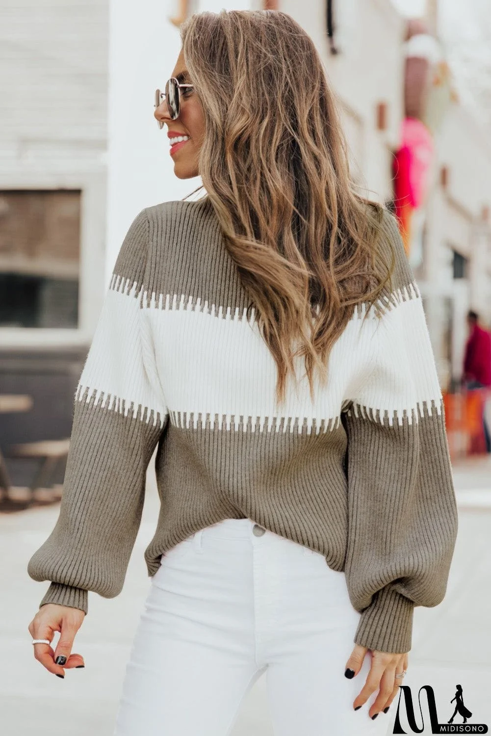 MidiSono - Color Block High Neck Pullover Sweater