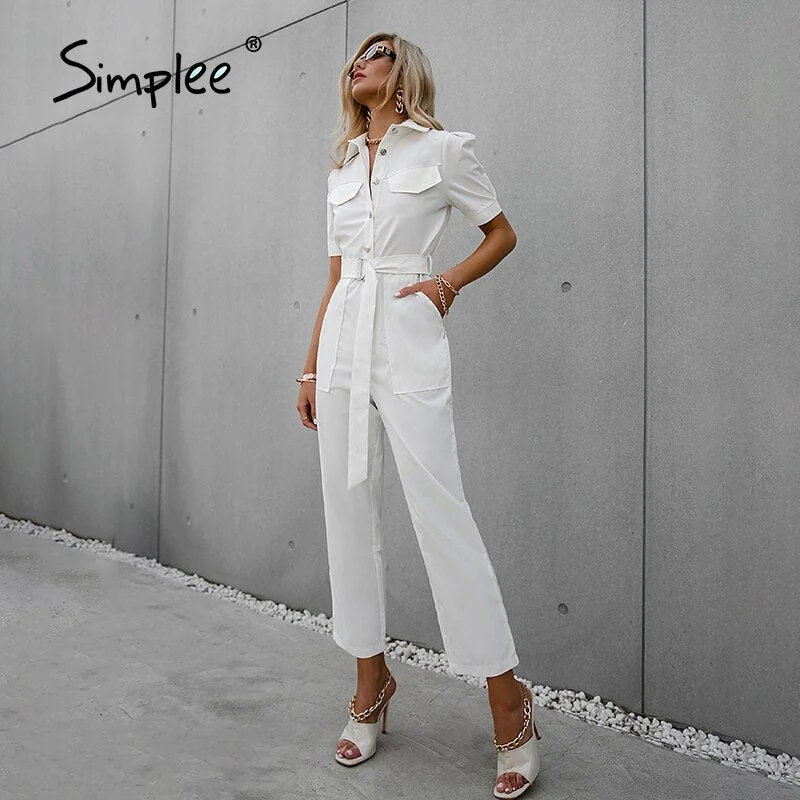 Simplee White puff sleeve lace-up women jumpsuit Fashion outfit high street solid summer jumpsuits 2021 Casual button jumpsuit
