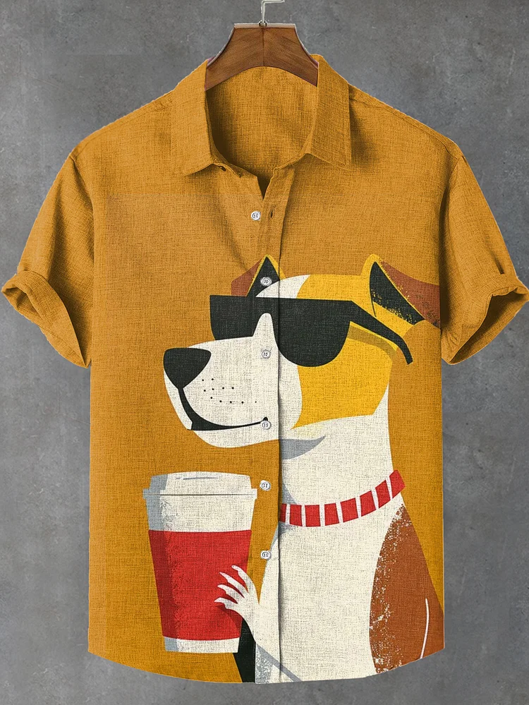 Men's Fun Color Contrast Coffee Sunglasses Dog Print Linen Blend Shirt