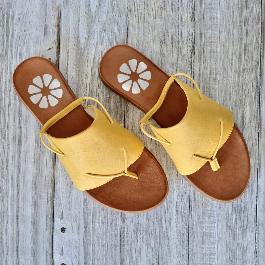 Women's Triangular Thong Sandal - Elastic Back Strap / Gold Button Accents / Apricot