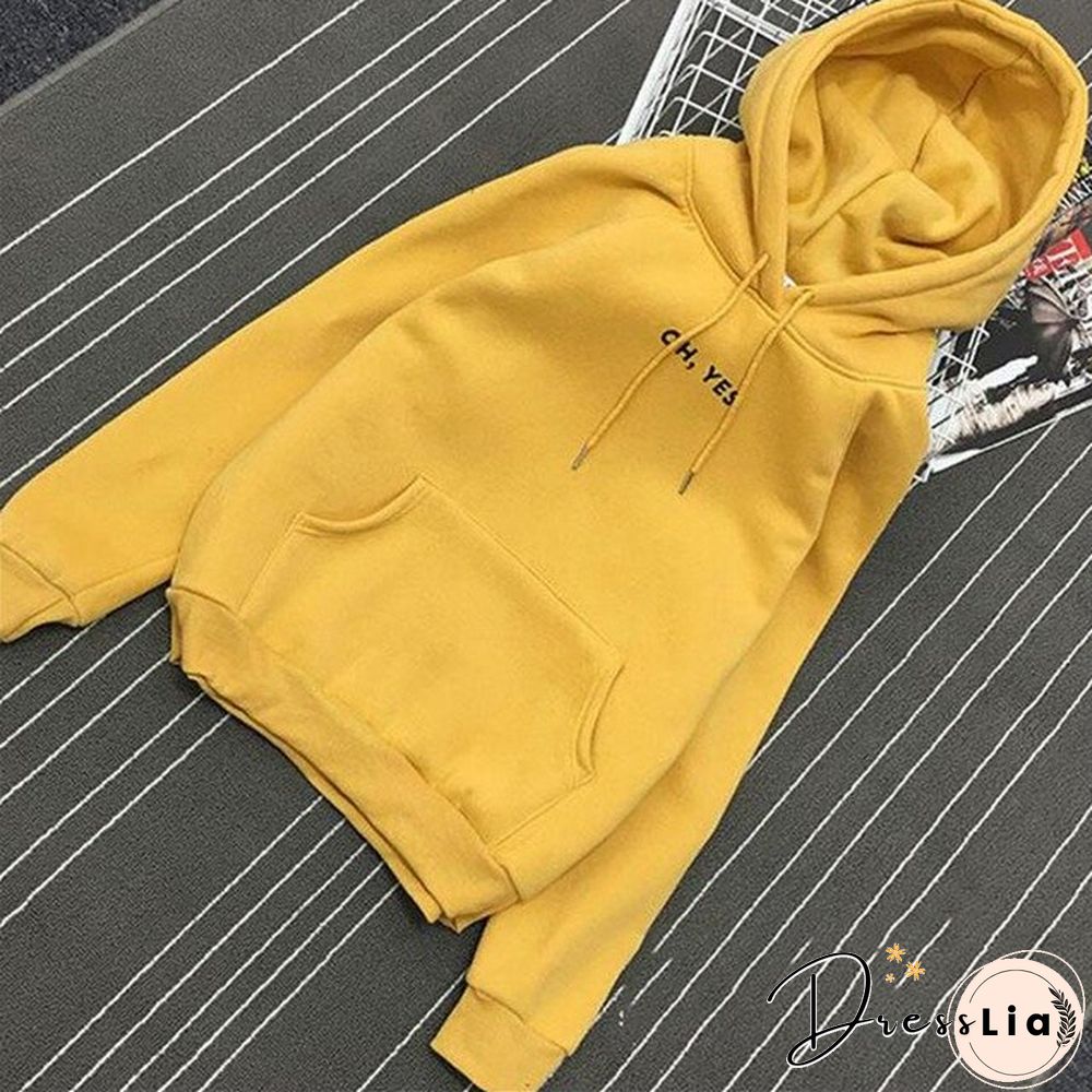 Autumn Winter Fleece Oh Yes Letter Harajuku Print Pullover Thick Loose Women Hoodies Sweatshirt Female Casual Coat