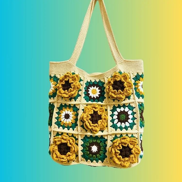 Lulusnow Handmade White Beige Green 3D Sunflower Spring Granny Square Crochet Tote Bag Shoulder Bag  Gift For Her Mother's Day Gifts