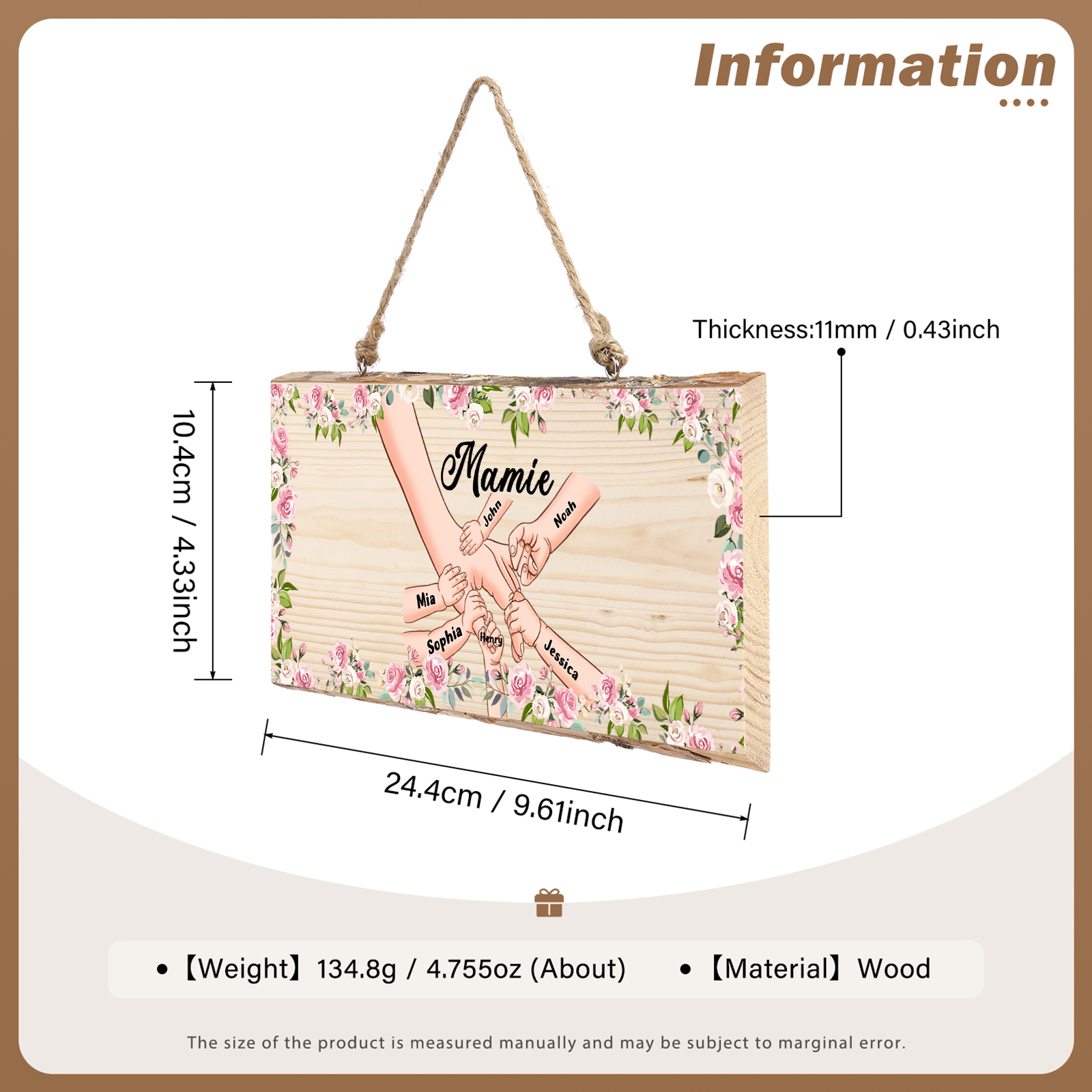 À ma Mamie - Décoration en bois la main dans la main 1-6 Prénoms Personnalisés pour Famille Peinture Décorative