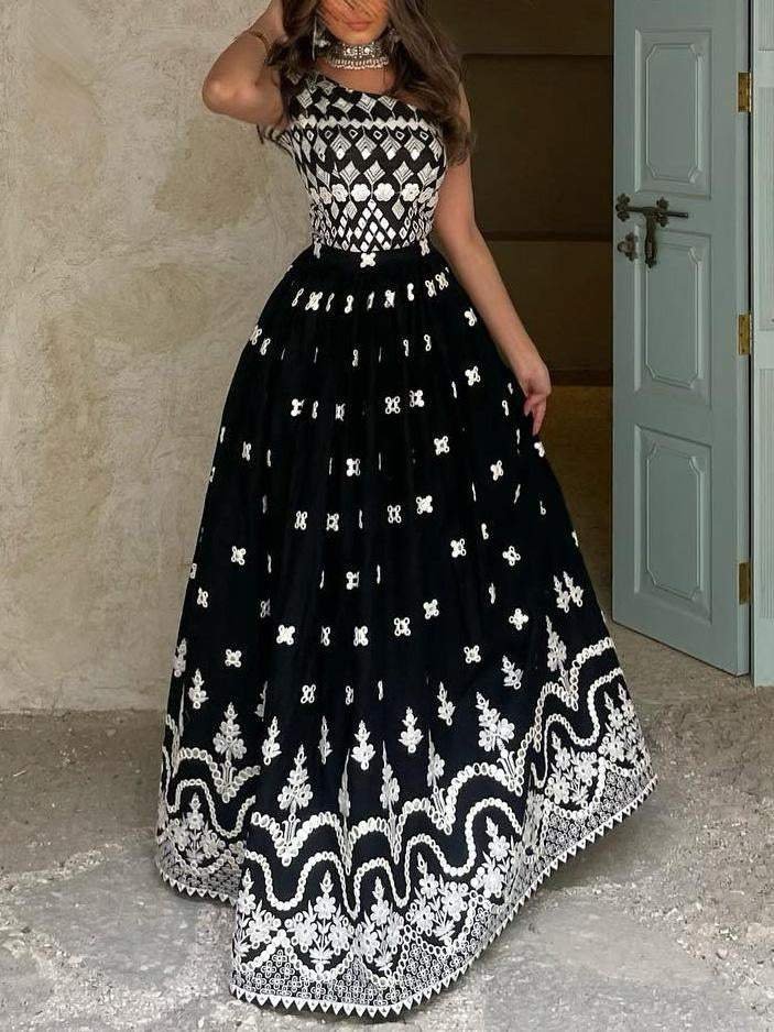 Elegant Ethnic Print One Shoulder Sleeveless Dress