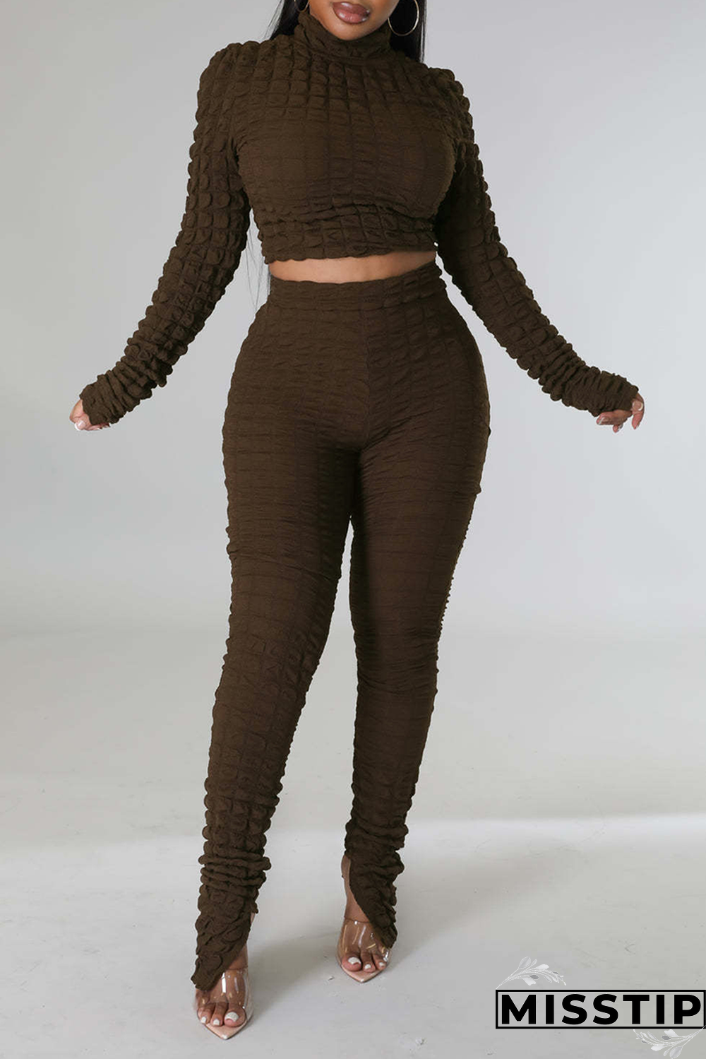 Coffee Street Solid Patchwork Turtleneck Long Sleeve Two Pieces