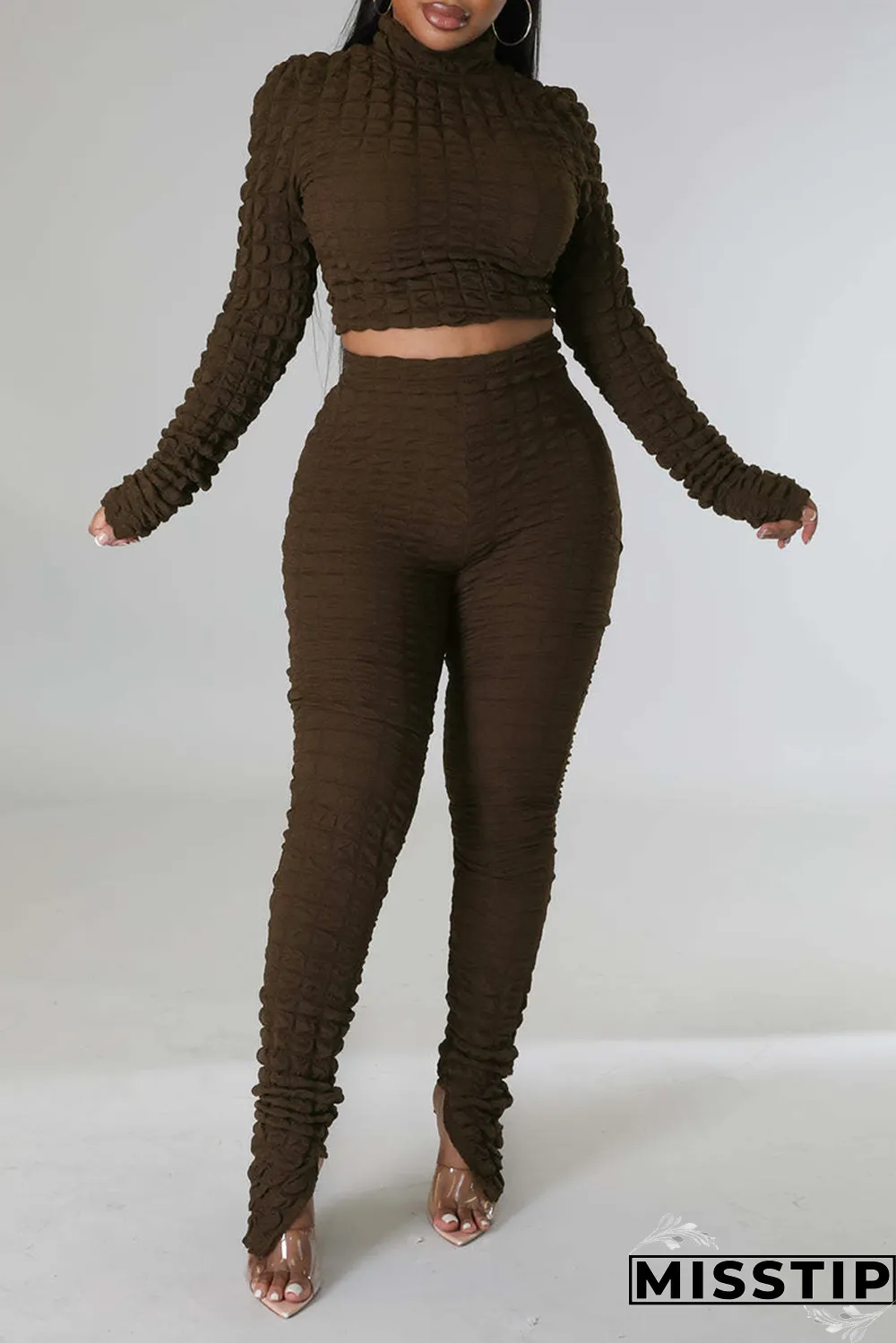 Coffee Street Solid Patchwork Turtleneck Long Sleeve Two Pieces
