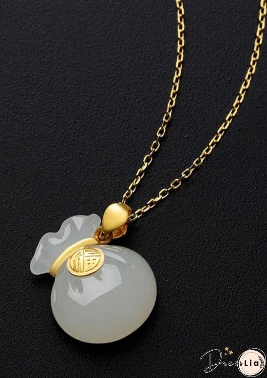 Handmade Gold Inlaid Jade Lucky Bag Pendant Necklace
