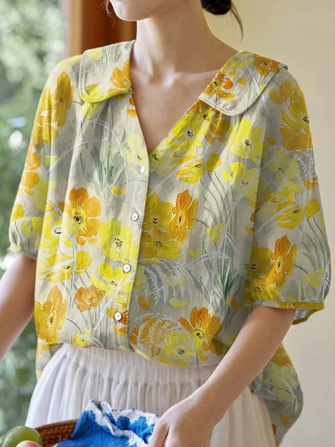 Women's Retro Floral Design Doll Neck Casual Shirt